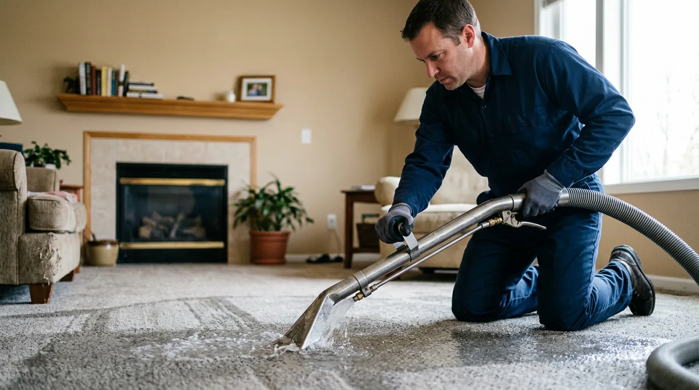 Water damage restoration technician working near Russell, KS